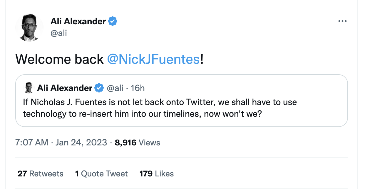 Ali Alexander welcoming Fuentes back to Twitter