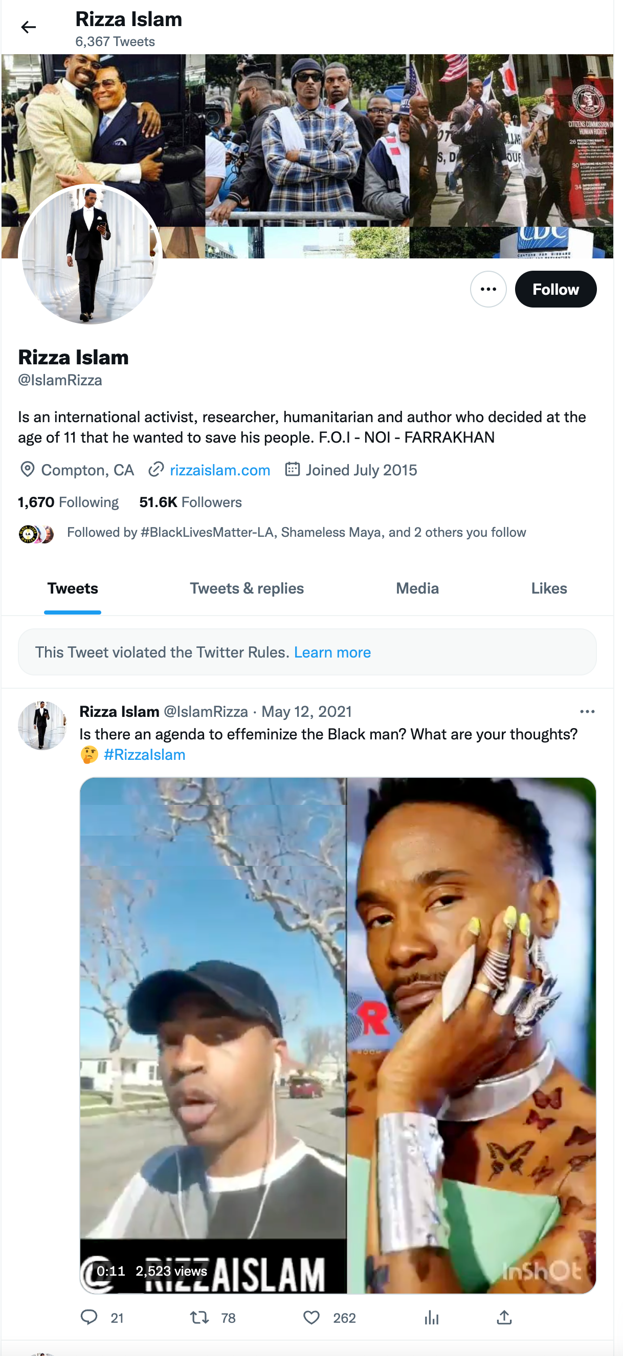 Photo of Islam Rizza's account w/ the last tweet in May 2021