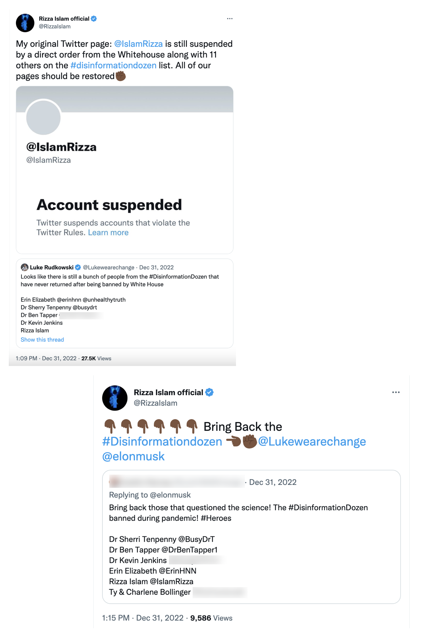 Rizza Islam calling for his reinstatement using another account