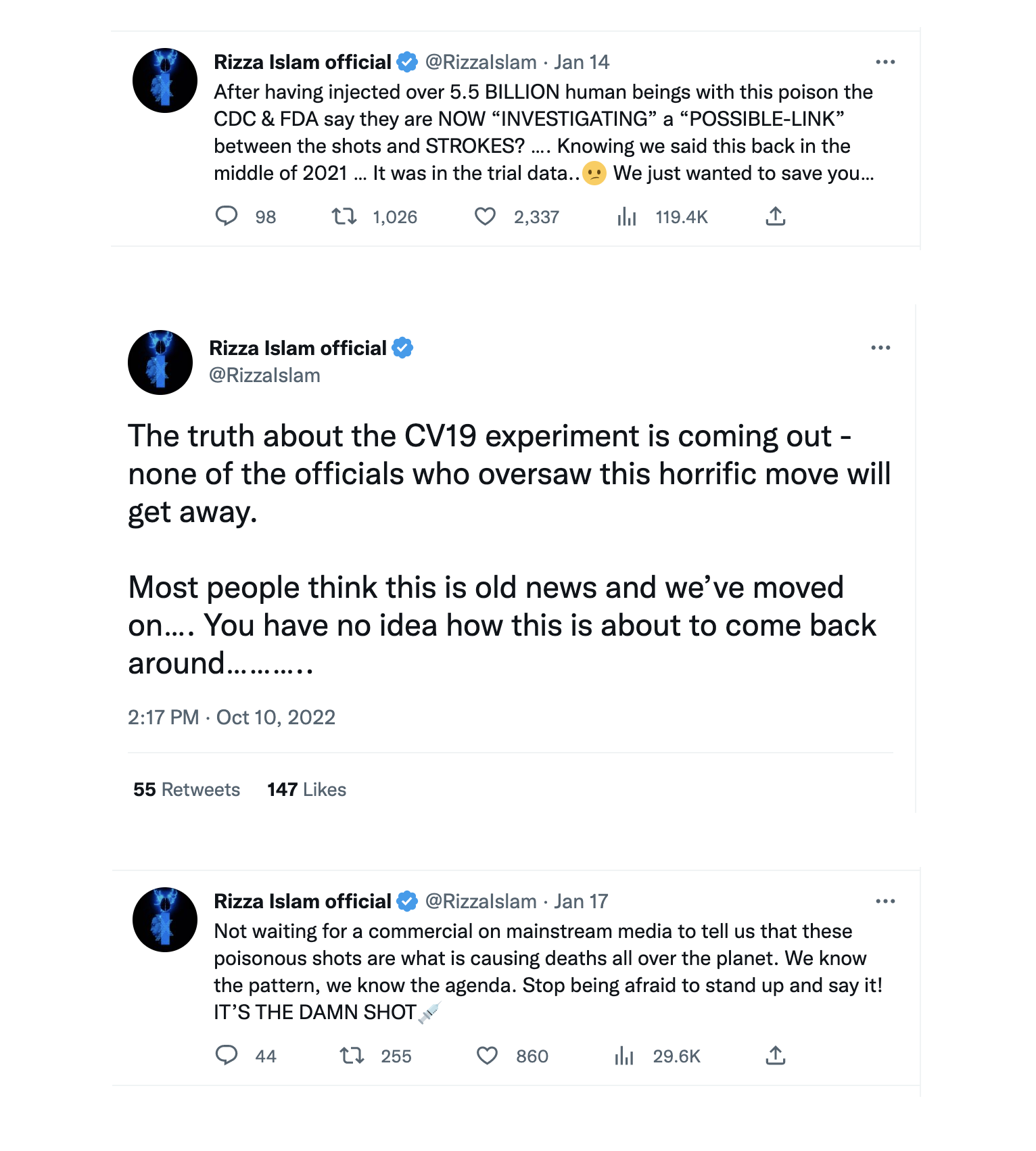 Rizza Islam pushing COVID-19 misinfo on another Twitter account