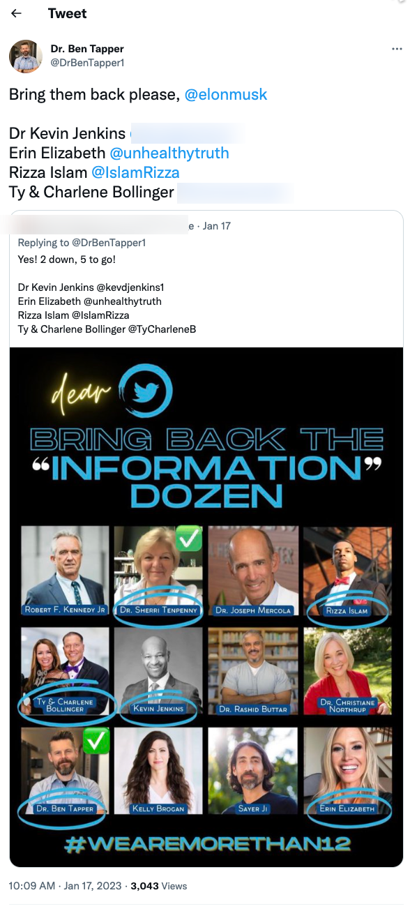 User calling for Disinfo Dozen reinstatement 