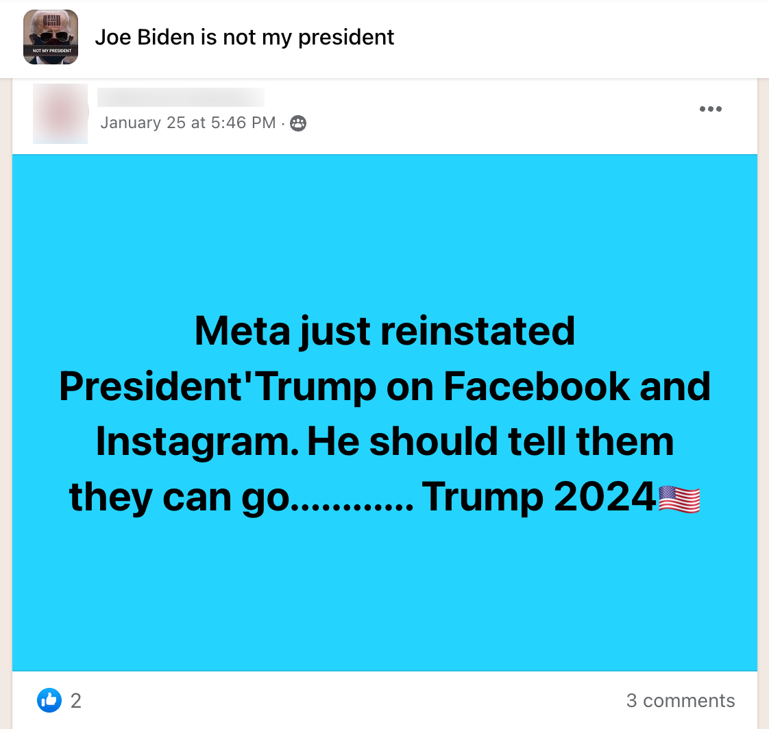 Text reads: Meta just reinstated President Trump on Facebook and Instagram. He should tell them they can go....Trump 2024