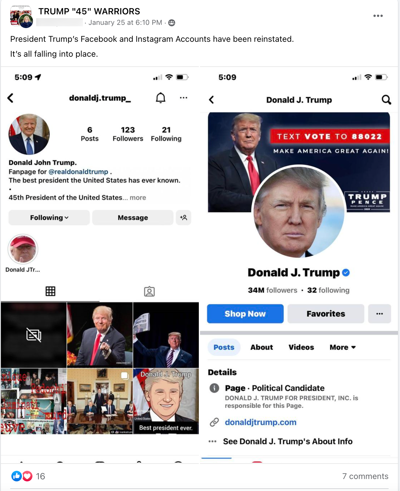 Screenshots of Trump's FB and Instagram reinstated