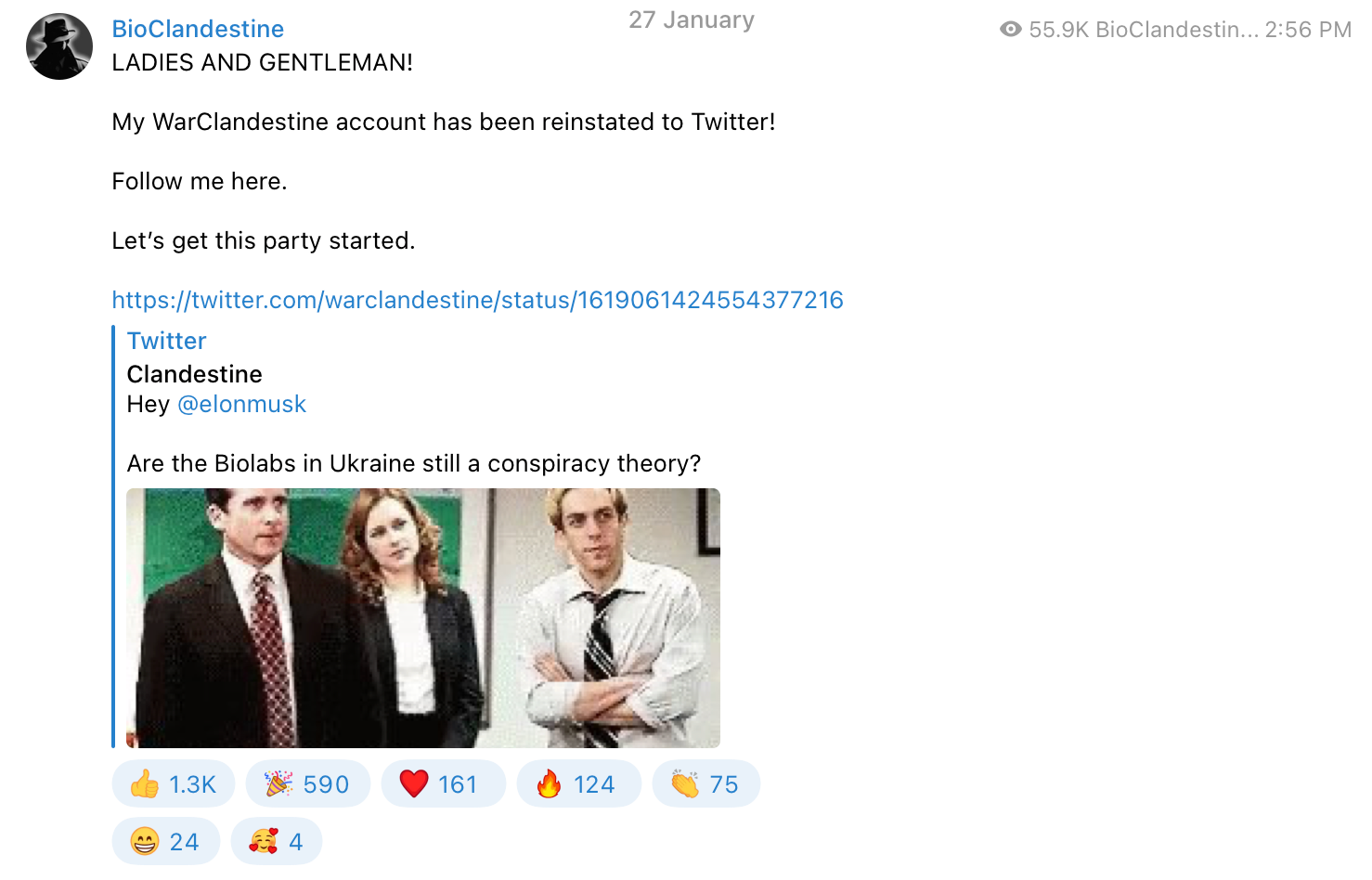 BioClandestine Telegram back on Twitter