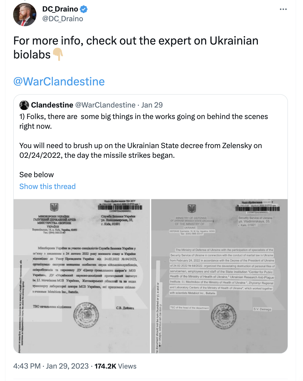 DC Draino spreading Clandestine conspiracy theories about Ukranian biolabs