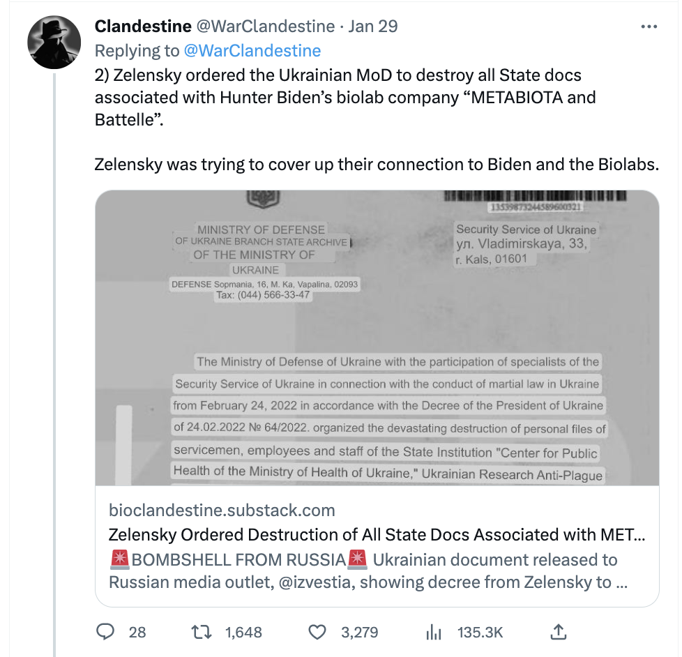 Clandestine new conspiracy theory about Ukranian biolabs