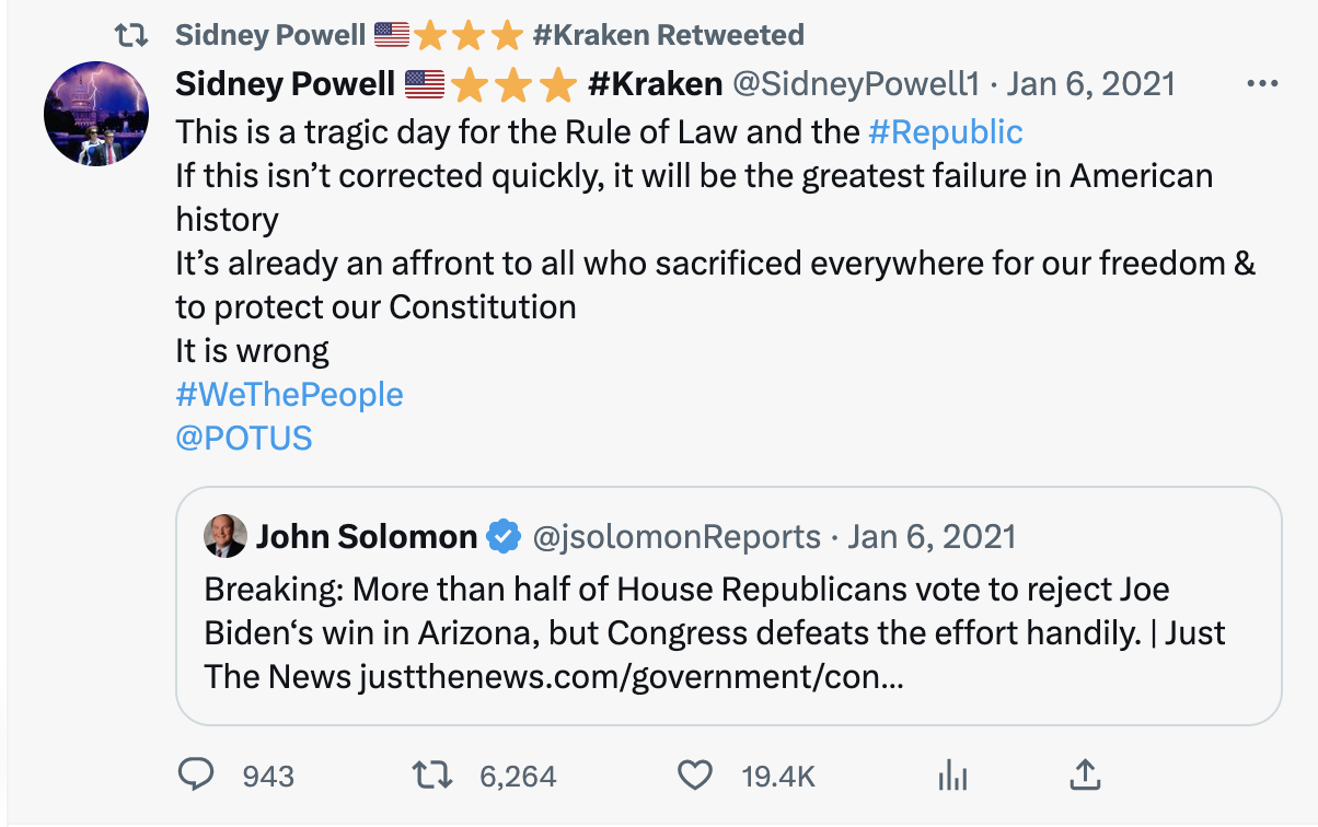 Sidney Powell pushing election misinfo on Twitter