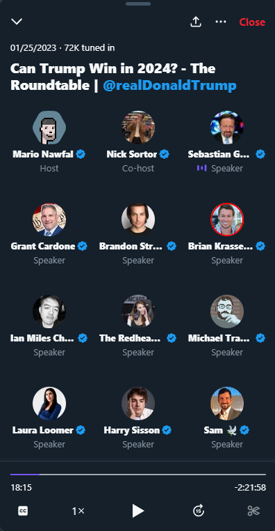 A brown Twitter Space box reading "What can be done to improve Trump's Campaign?"