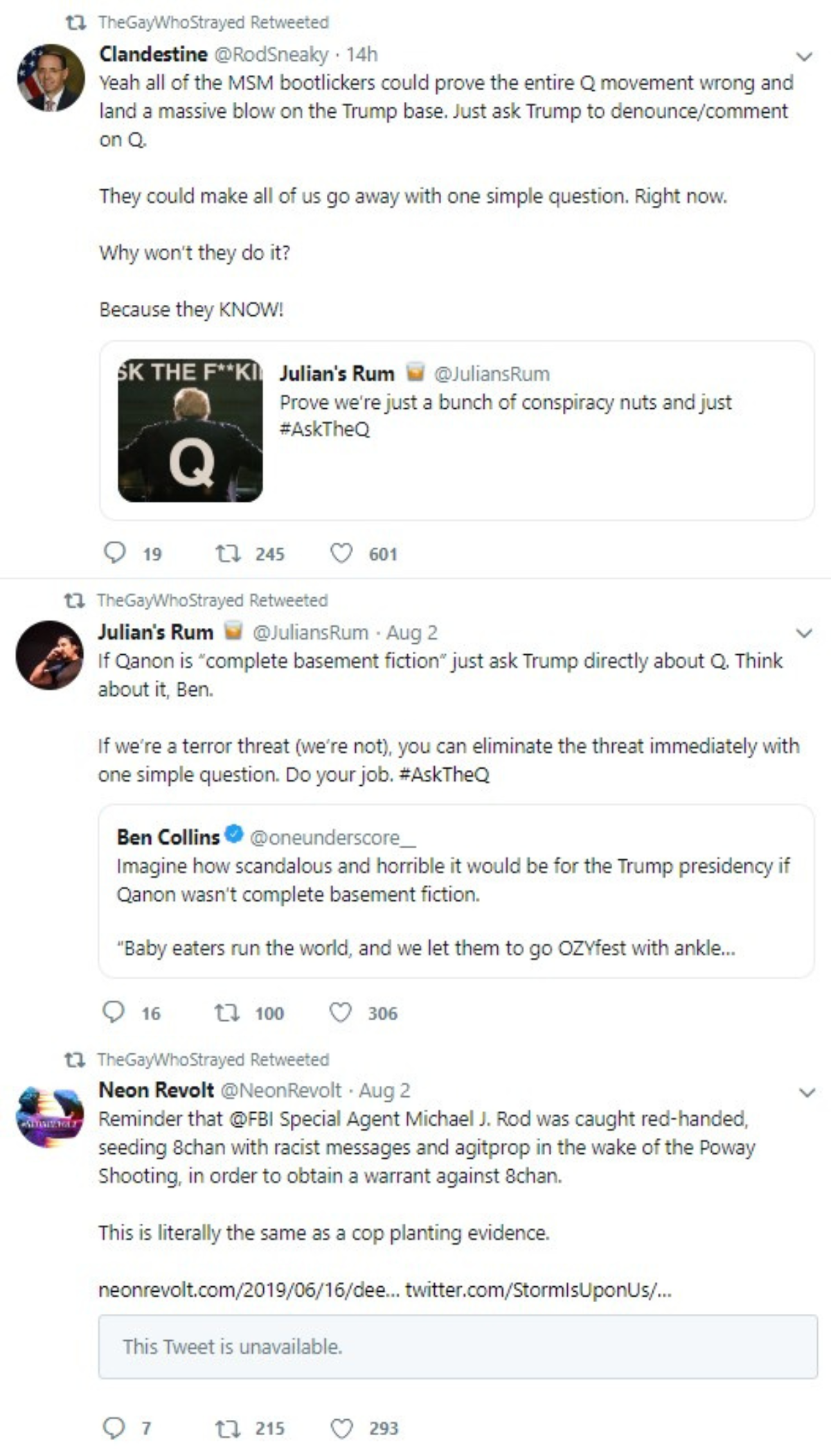 screenshots of tweets Jaimee Michell retweeted from QAnon influencers