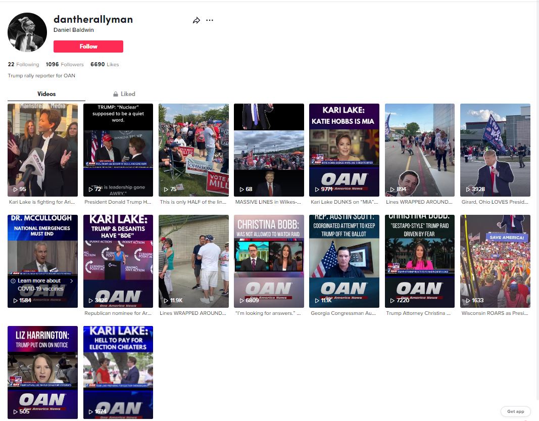 screenshot of OAN reporter Dan Baldwin's tiktok page, which clearly displays OAN logos