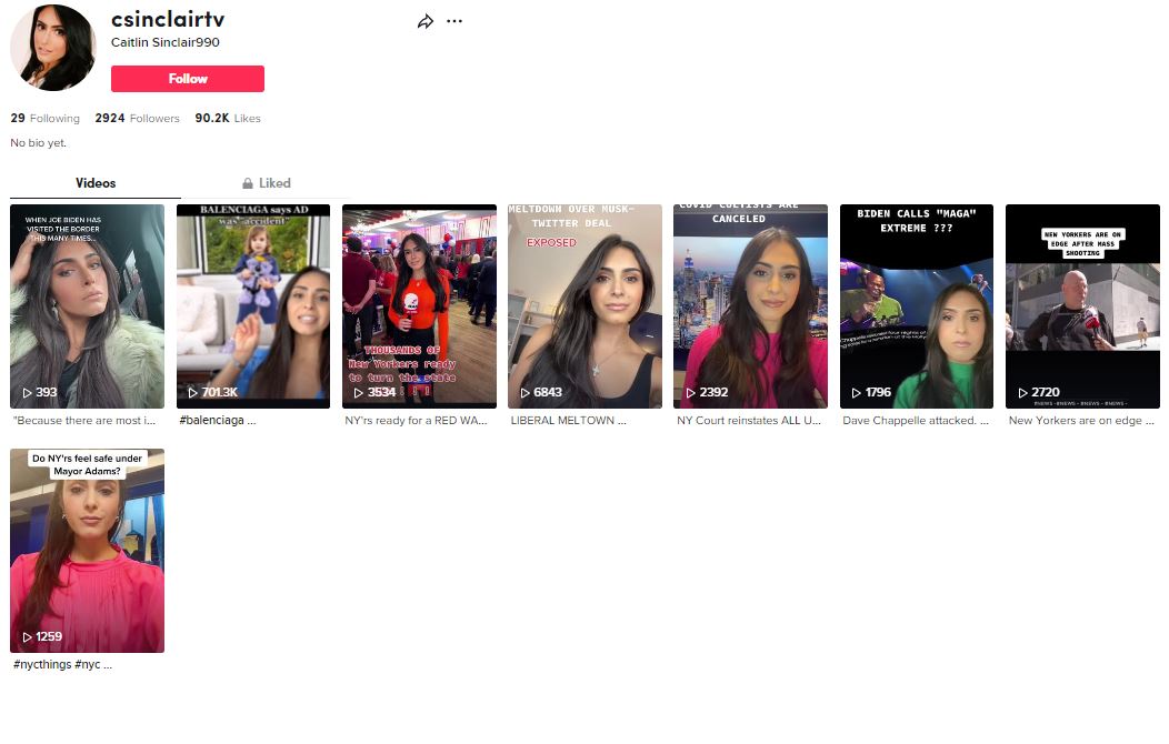 still shows OAN reporter Caitlin sinclair's tiktok page and videos, which display OAN's logo