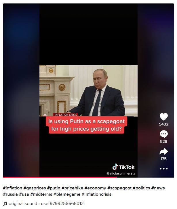 Tiktok video from OAN host Alicia Summers asking "Is blaming Putin for high gas prices getting old?" with hashtag #news in caption