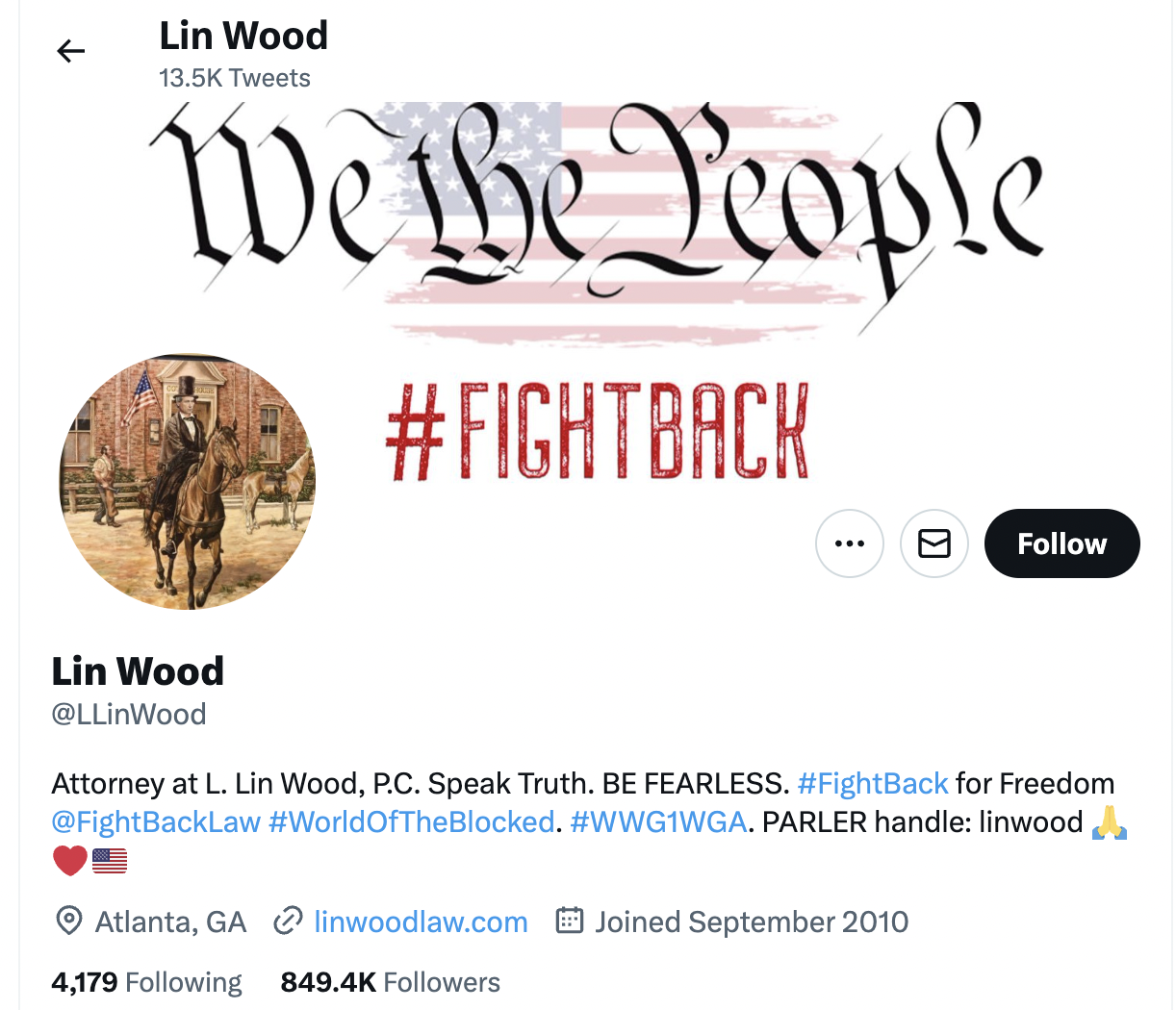 Lin Wood #WWG1GA in his Twitter bio