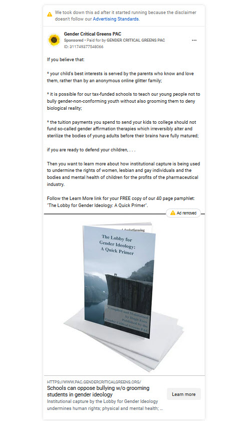 a screenshot of a removed ad from Gender Critical Greens PAC