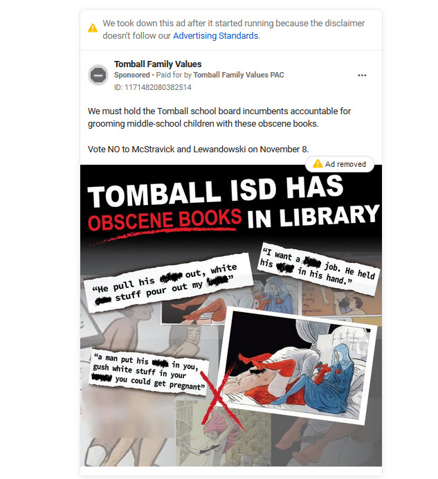 A screenshot of a removed ad from Tomball Family Values