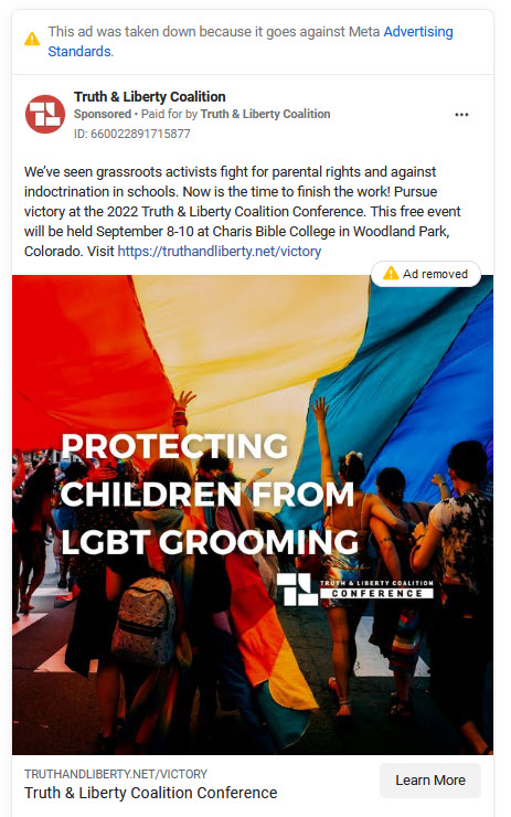 A screenshot of a removed ad from Truth and Liberty Coalition