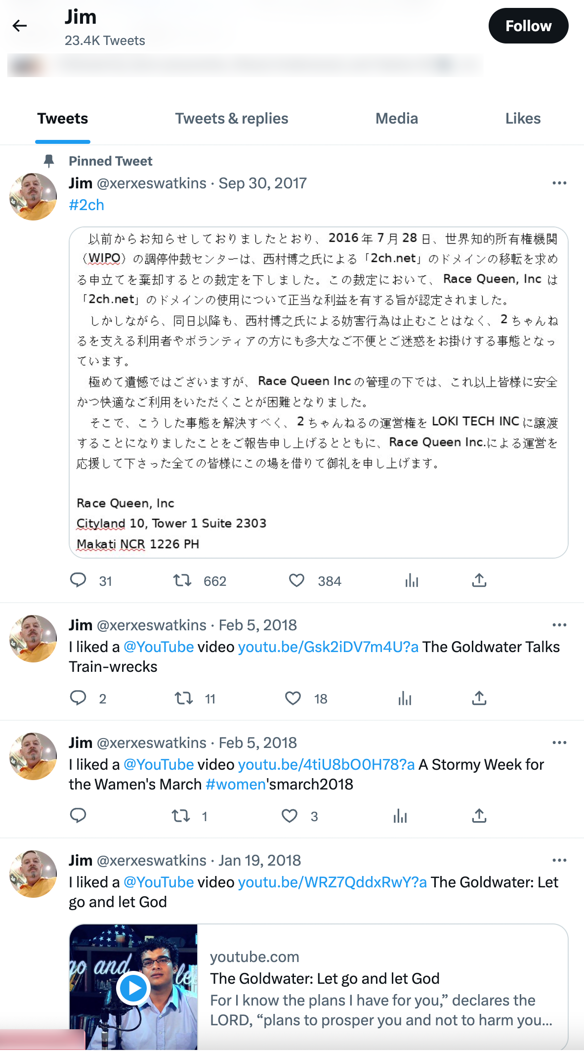 Jim Watkins last tweets