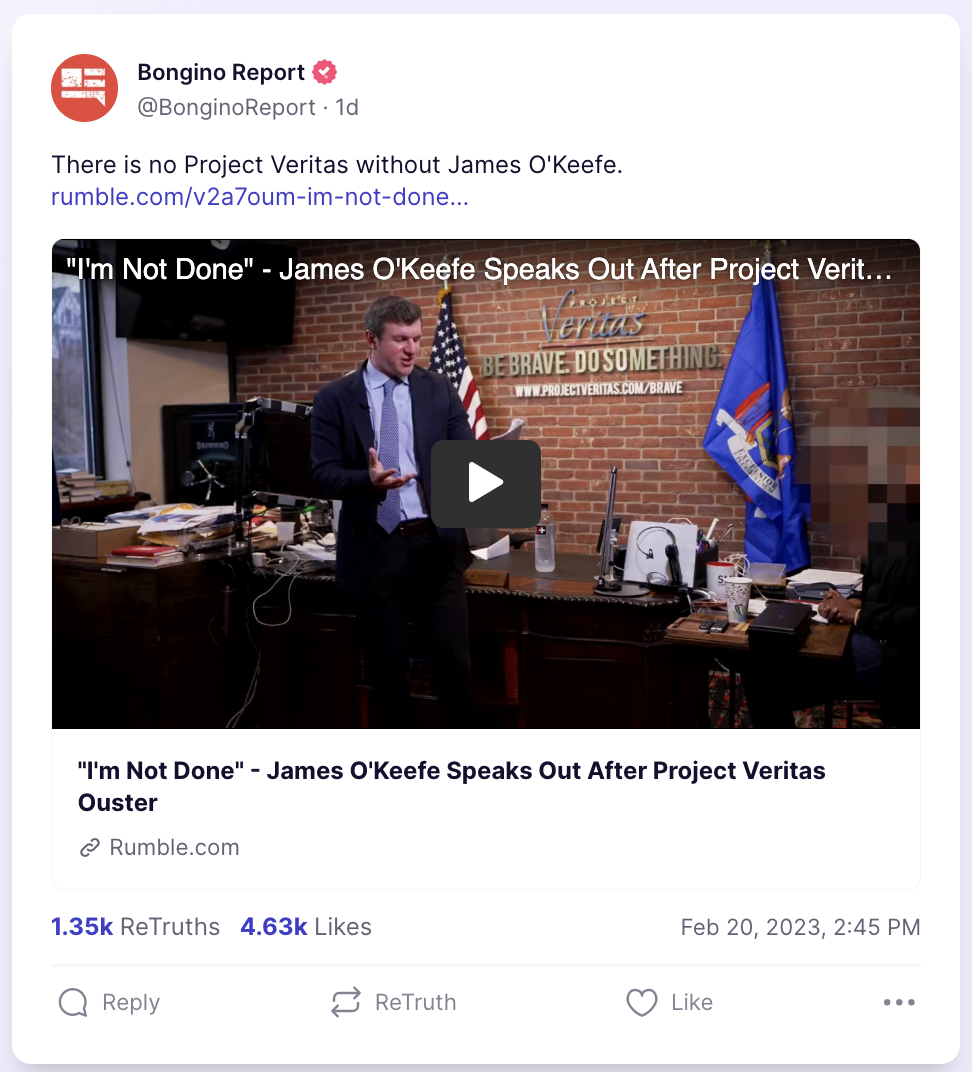 Bongino Report on Truth Social: "There is no Project Veritas without James O'Keefe."