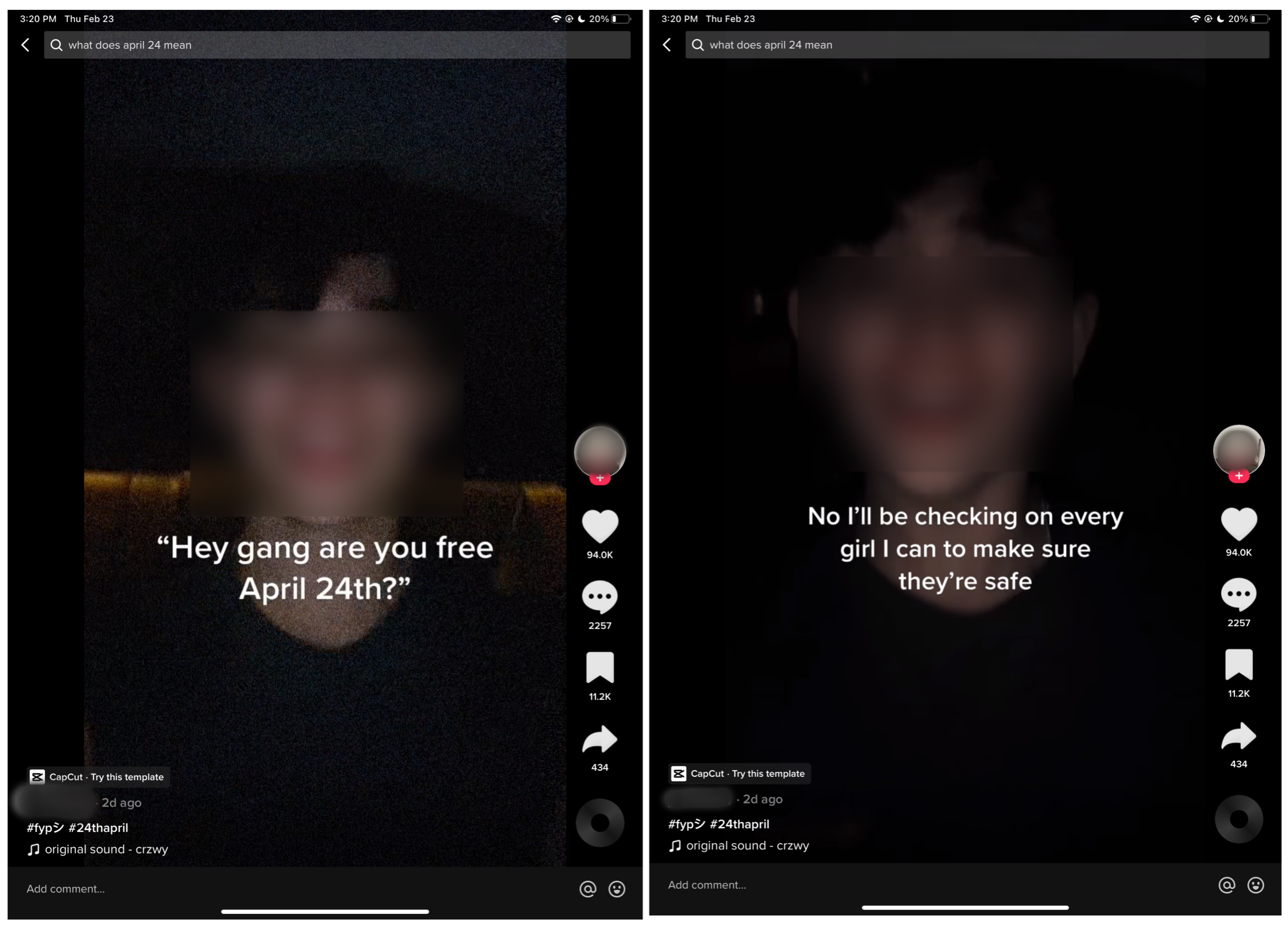 Meme where men imagine conversations where they explain their dedication to protecting women on April 24 