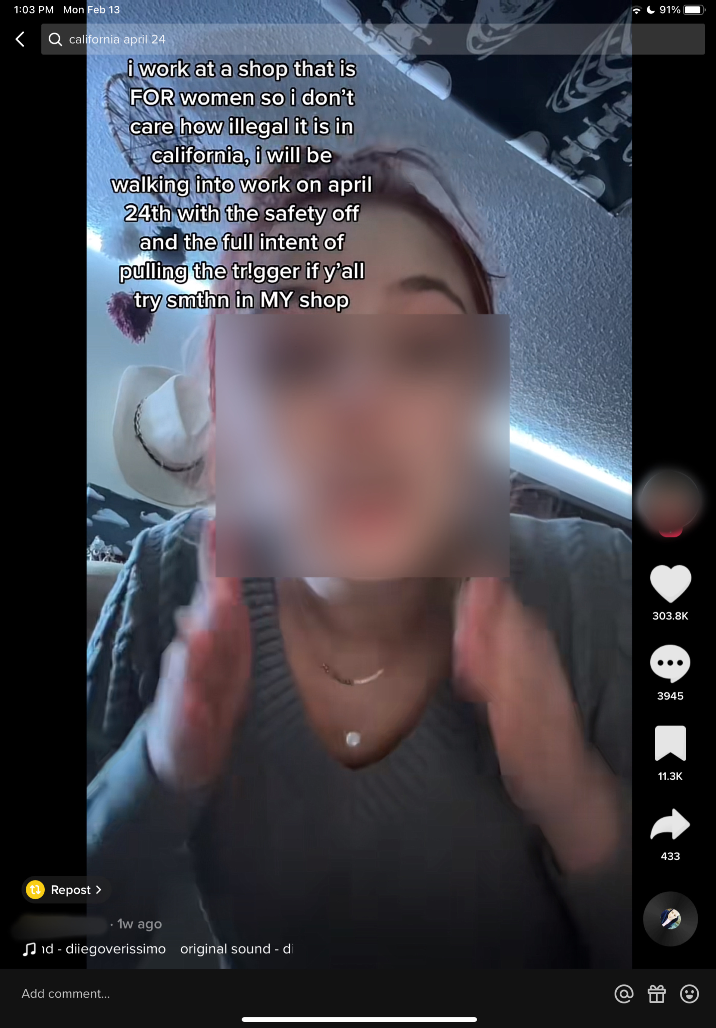 W"I work at a shop that is for women so I don't care how illegal it is in california, I will be walking into work on April 24th with the safety off and the full intent of pulling the trigger if y'all try smthn in my shop" 