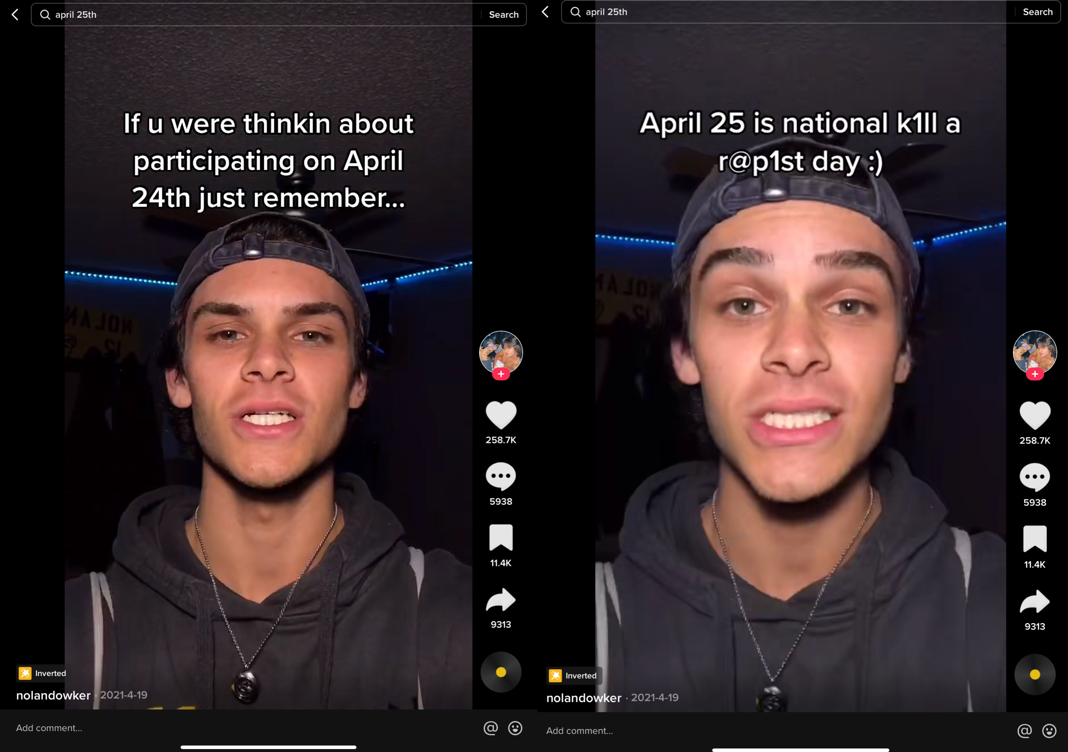 If u were thinkin about participating on April 24th just remember April 25 is national k1ll a r@p1st day” over the chorus of Ludacris’ “My Chick Bad”