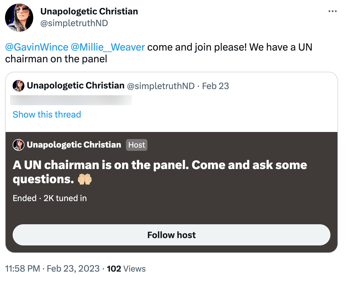 UN Twitter Space organizer asking far-right figures to join