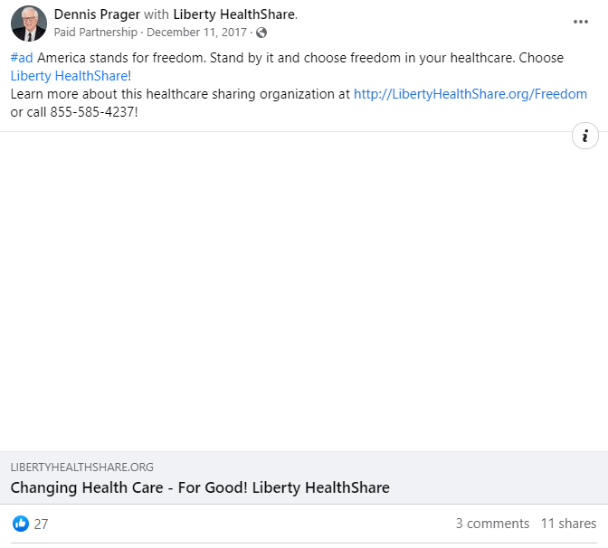 Dennis Prager Liberty HealthShare Facebook post