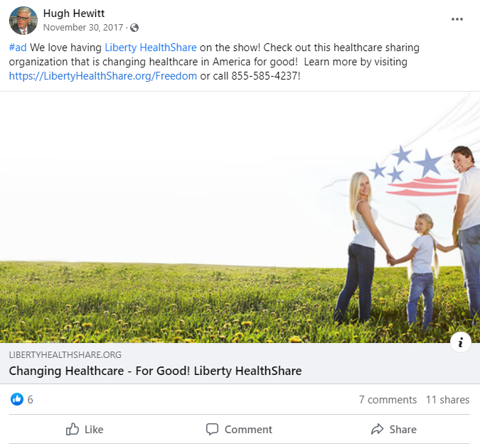 Hugh Hewitt Liberty HealthShare Facebook post