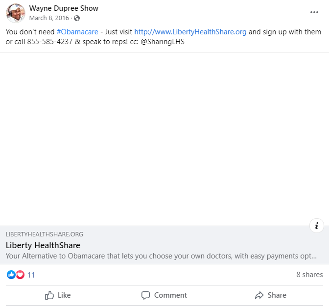 Wayne Dupree Liberty HealthShare Facebook post