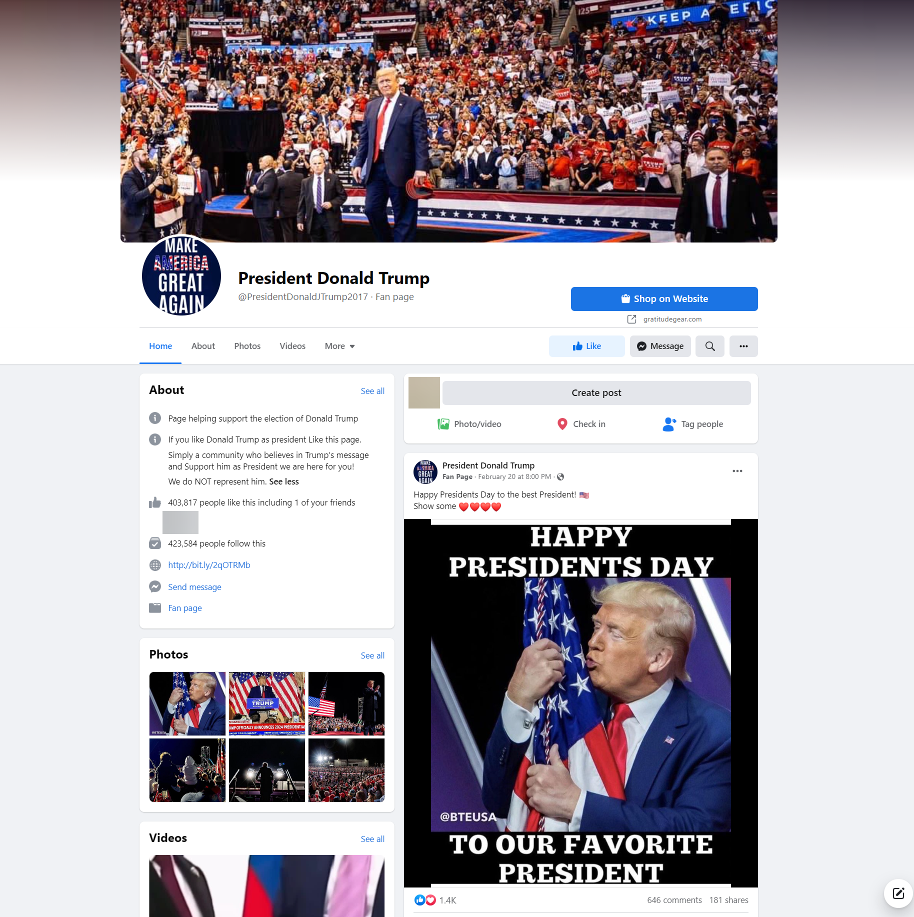 President Donald Trump facebook page