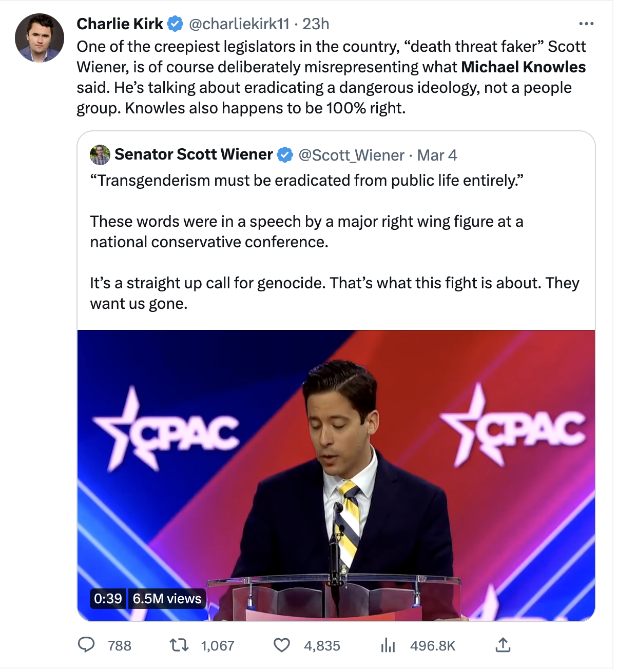 One of the creepiest legislators in the country, “death threat faker” Scott Wiener, is of course deliberately misrepresenting what Michael Knowles said. He’s talking about eradicating a dangerous ideology, not a people group. Knowles also happens to be 100% right.