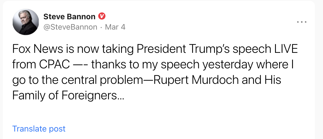 Fox News is now taking President Trump’s speech LIVE from CPAC —- thanks to my speech yesterday where I go to the central problem—Rupert Murdoch and His Family of Foreigners… 