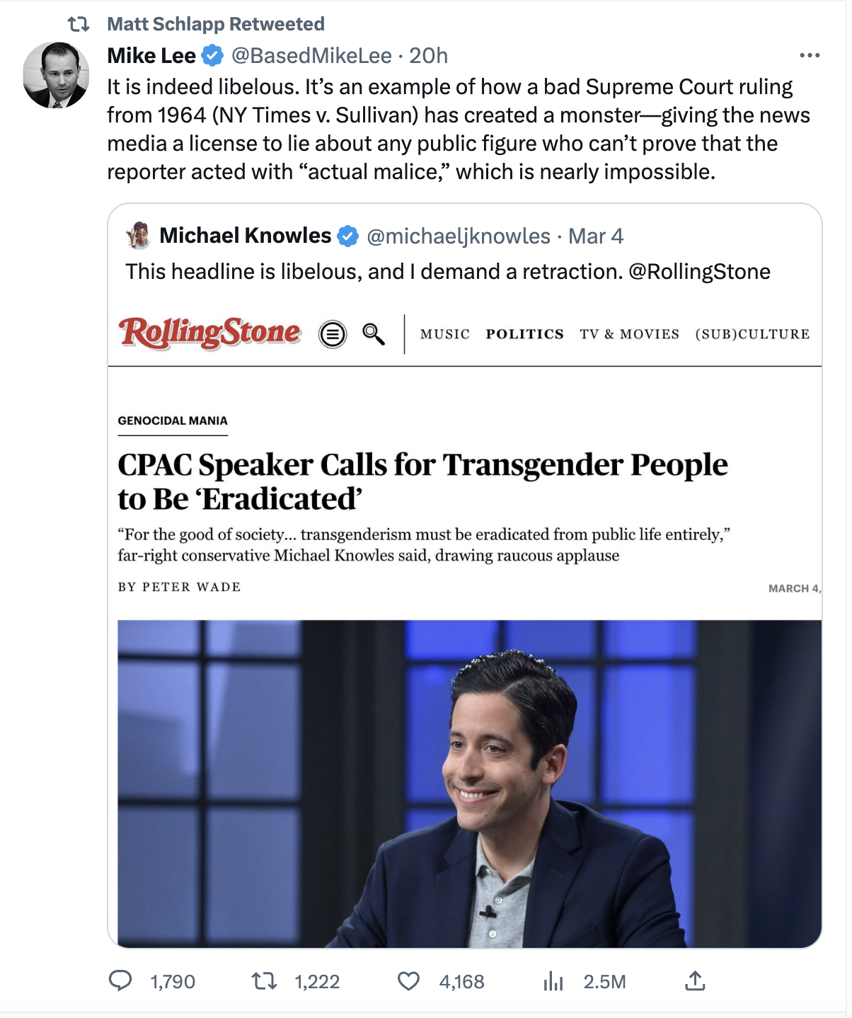 It is indeed libelous. It’s an example of how a bad Supreme Court ruling from 1964 (NY Times v. Sullivan) has created a monster—giving the news media a license to lie about any public figure who can’t prove that the reporter acted with “actual malice,” which is nearly impossible.