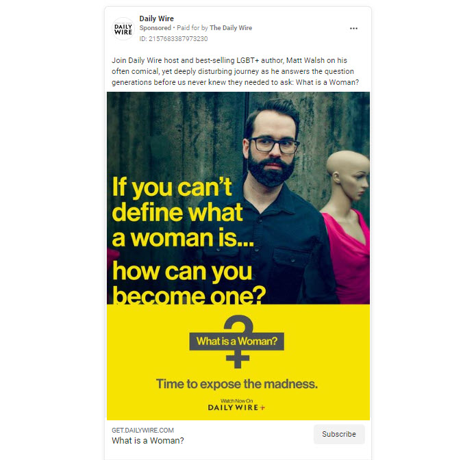 A screenshot of an ad from the Daily Wire promoting What is a Woman? 
