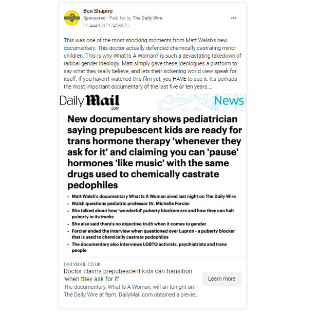 A screenshot of an ad from Ben Shapiro promoting What is a Woman? 