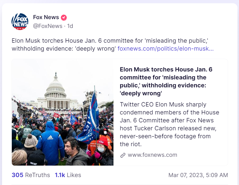 Fox News Truth Social Post musk on J6 footage