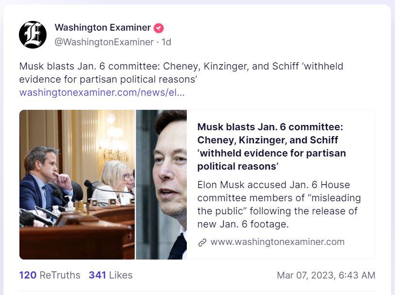 Washington Examiner Truth Social Post musk on J6 footage
