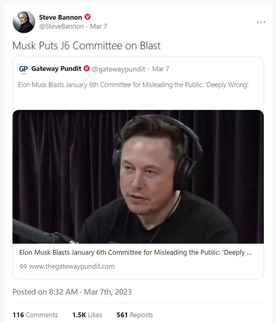 Steve Bannon Gettr post Gateway Pundit article on musk on J6 footage