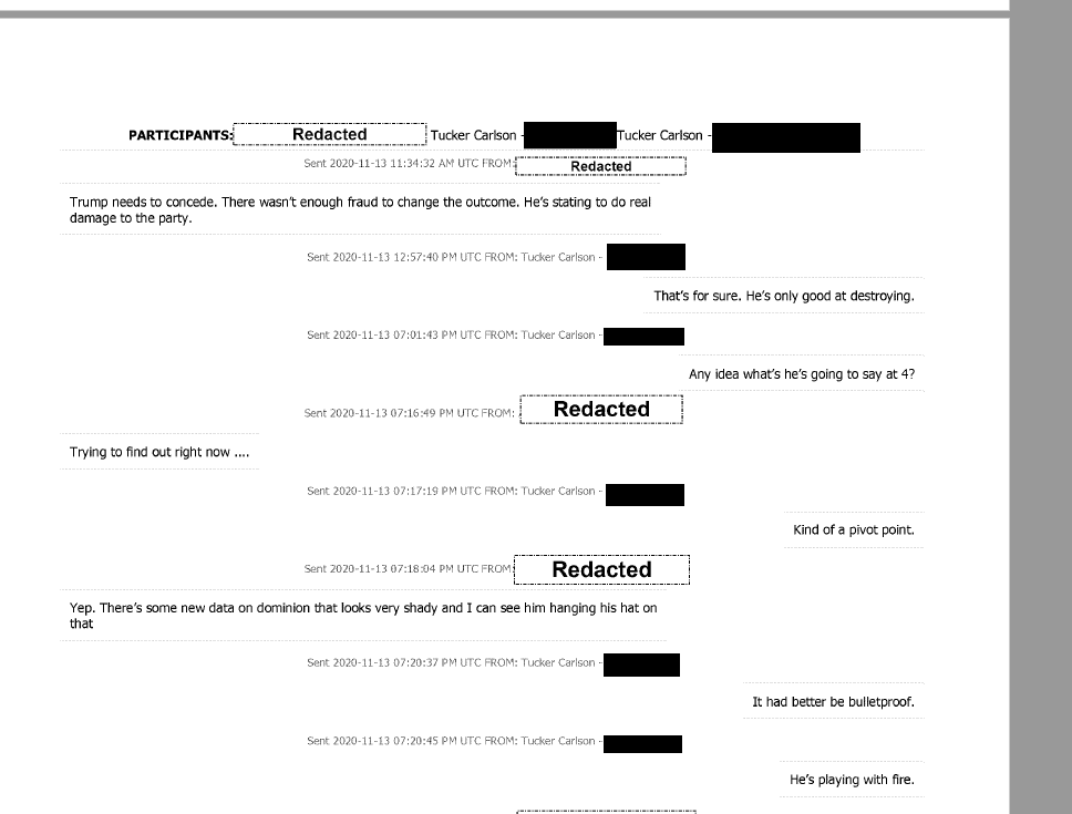 A text conversation between Tucker Carlson and an unknown person, where Tucker claims that Trump is only good at destroying the GOP