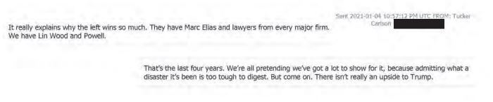 Texts between Tucker Carlson and an unknown person. Tucker says "there is no upside to Trump"