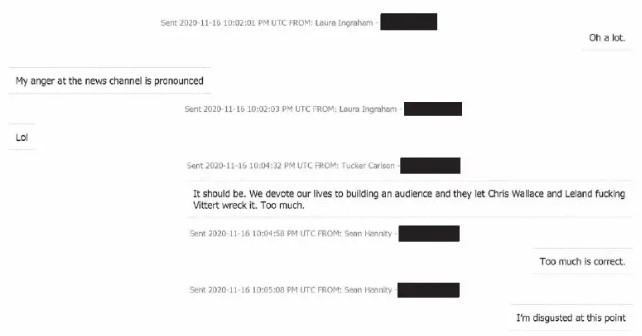 Group texts between Laura Ingraham, Tucker Carlson, and Sean Hannity, where they talk about how Chris Wallace was a disgrace for his performance with the Trump/Biden debate