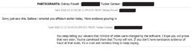 Tucker lambasts Sidney Powell over text for lack of evidence for her claims