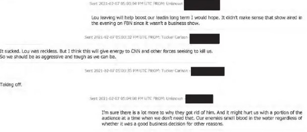 Texts where Tucker Carlson can be seen saying Fox Business Host Lou Dobbs was reckless