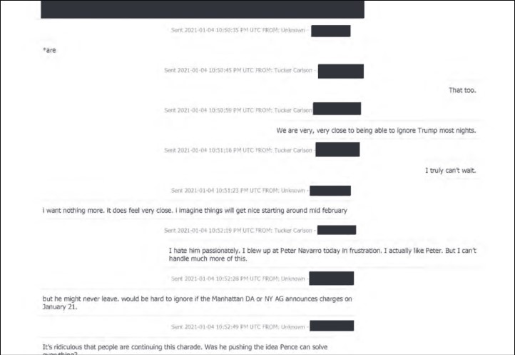 Texts between Tucker Carlson and an unknown person. Tucker says "I passionately hate Trump"