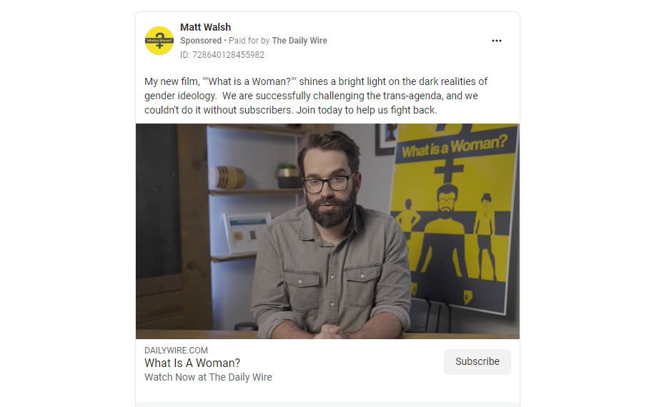 A screenshot of an ad from Matt Walsh's page