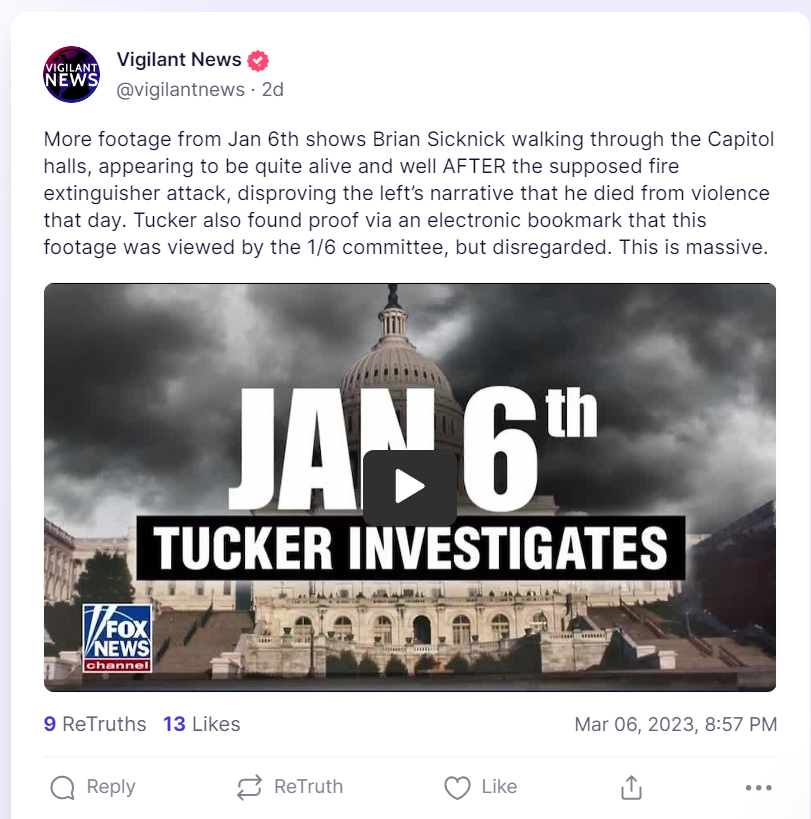 Vigilant News truth social post about sicknick