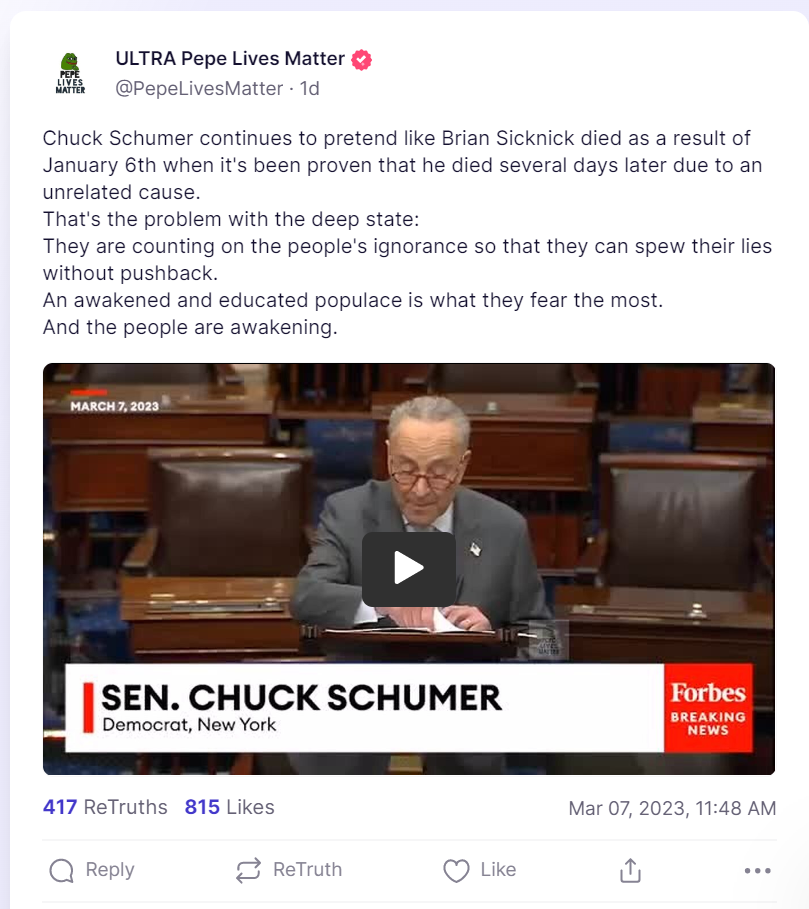 Ultra Pepe Lives Matter Truth Social Post about Sicknick