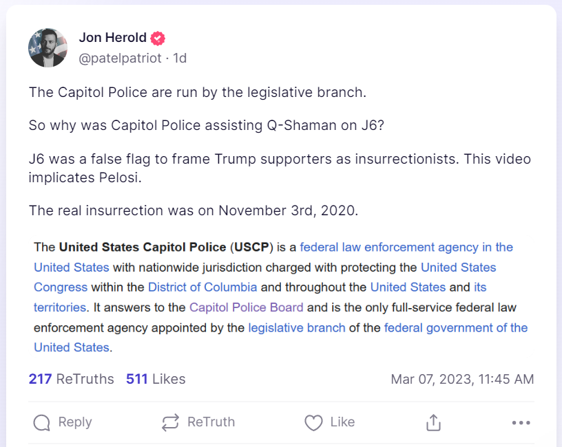 Patel Patriot's truth social post about the QAnon shaman