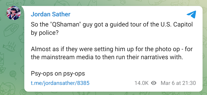 Jordan Sather telegram post about the QAnon shaman