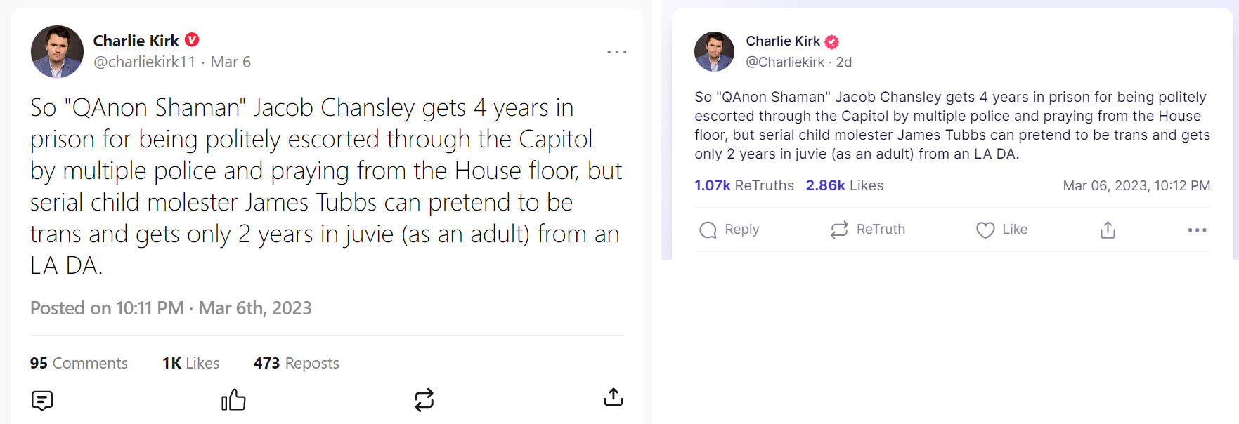 Charlie Kirk truth social and gettr posts about the QAnon shaman